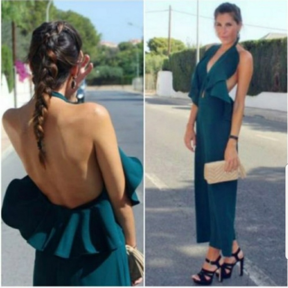 NWT Zara Woman 》Emerald Ruffle Halter Jumpsuit